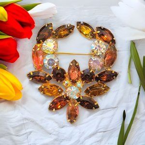 Kramer Roman Wreath Brooch, Gorgeous Gold & Brown Rhinestones, AB Crystals